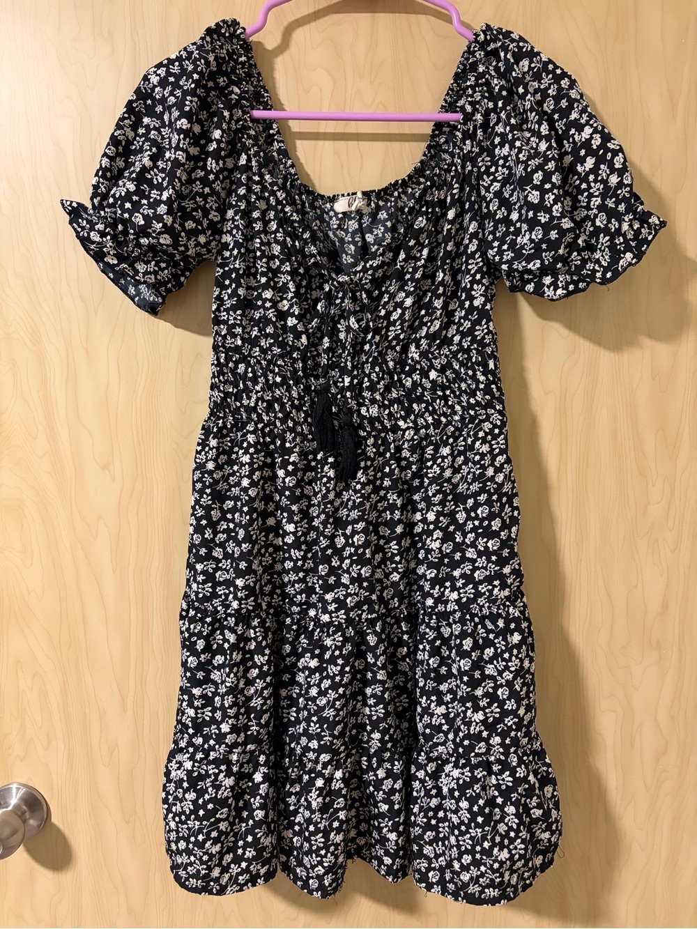 Blush Black and White Floral Puff-Sleeve Midi Dress
